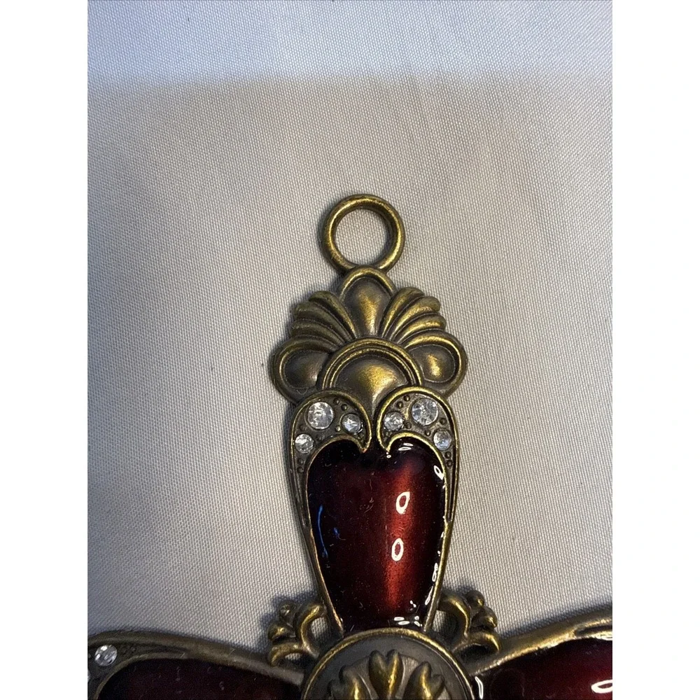 Vintage Red Enamel Jeweled Cross Wall Ornament Pendant Rhinestone 7